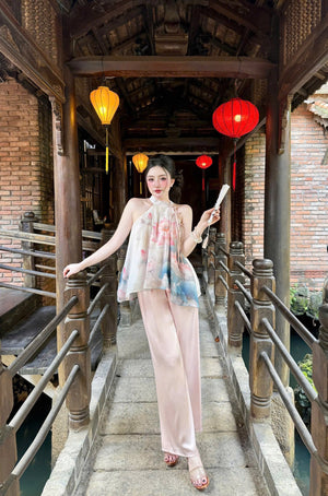 L20 Set Áo Cổ Yếm Quần Lụa