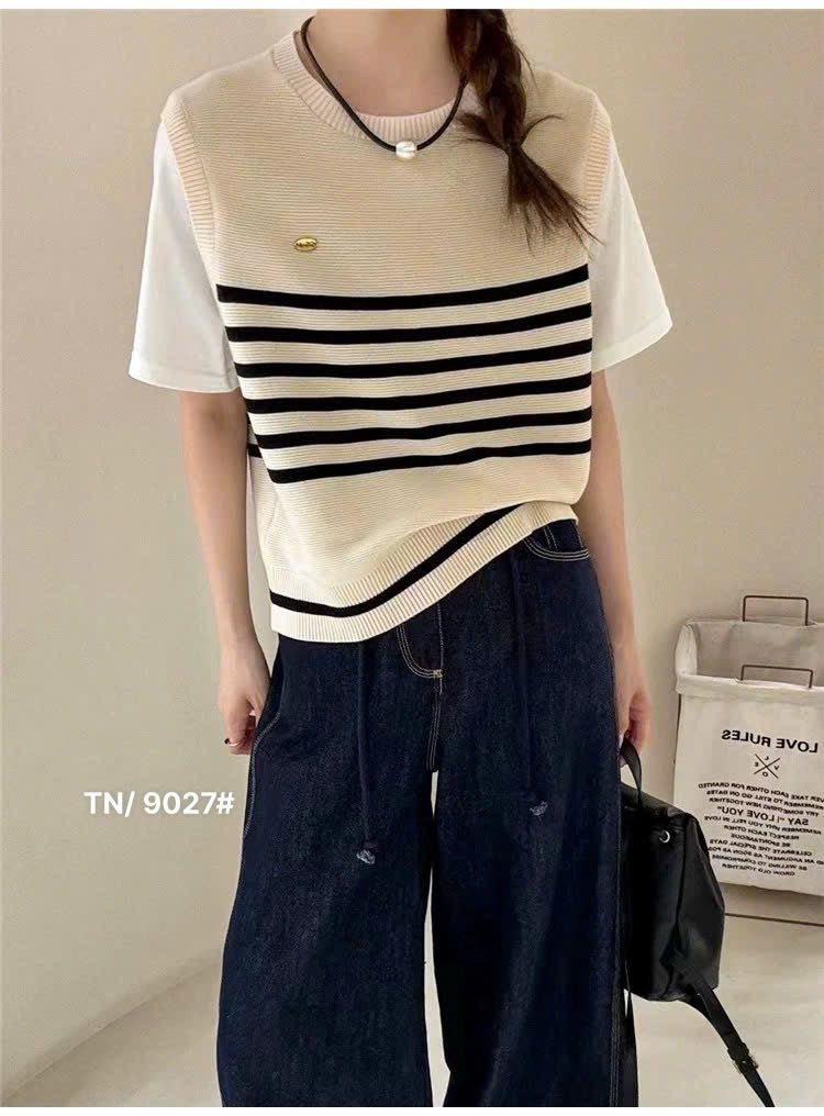 Striped Knit Short Sleeves Top