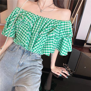 Green Checked Crop Top