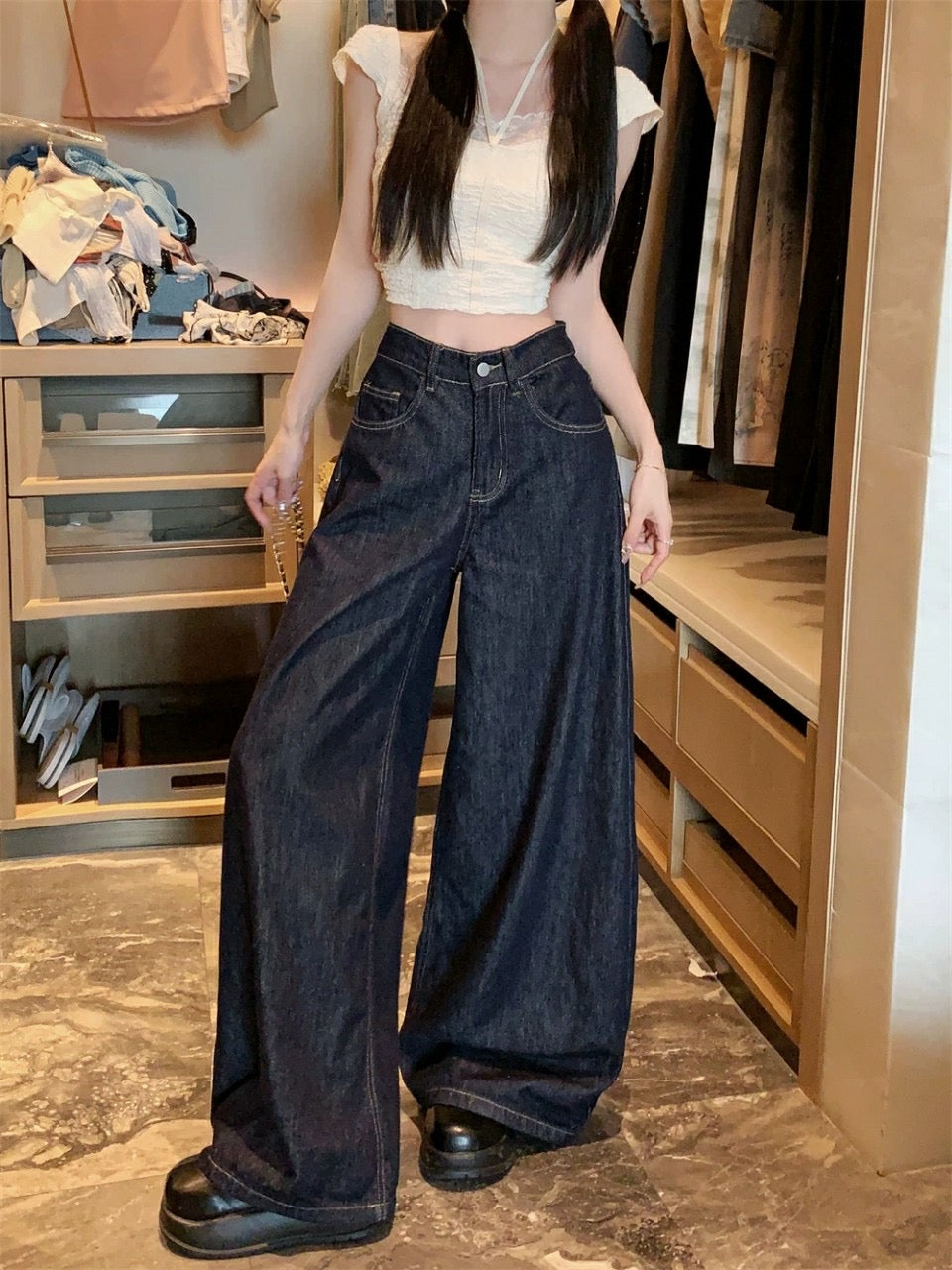 High Waisted Wide Leg Straight Jeans