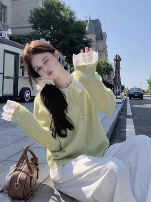 Lace Neckline Cardigan Sweater