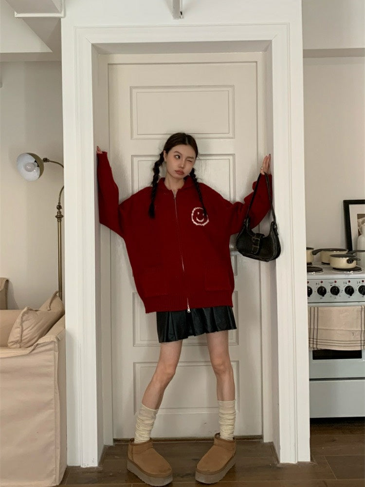 “We Love Whatever” Smiley Red Cardigan