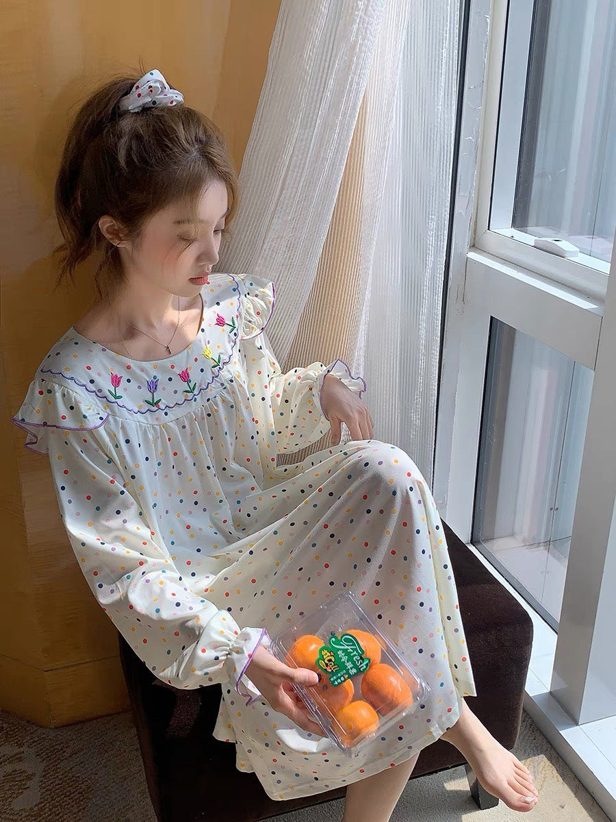 Embroidered Neckline Pajamas Sleepwear Dress #37