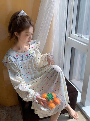 Embroidered Neckline Pajamas Sleepwear Dress #37