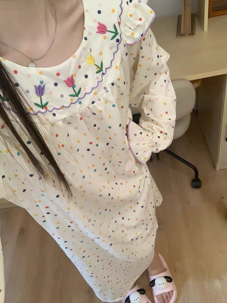 Embroidered Neckline Pajamas Sleepwear Dress #37