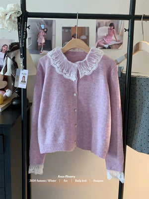 Lace Neckline Cardigan Sweater