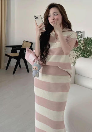 Set 2pc PINK Striped Short Sleeves Top with Half Zipper and Midi Skirt