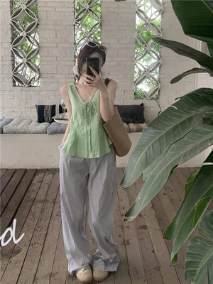 SET 2pcs Sleeveless Green Top and Striped Pants