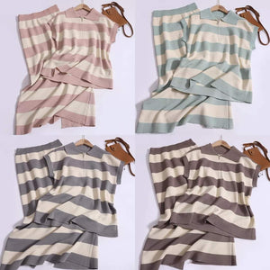 Set 2pc PINK Striped Short Sleeves Top with Half Zipper and Midi Skirt