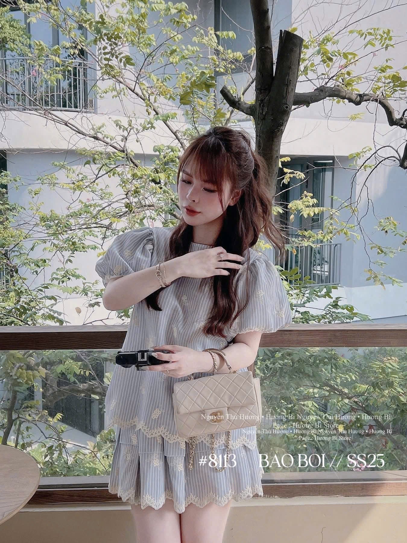 Blue Embroidered Top and Lined Skirt Two-Piece Set