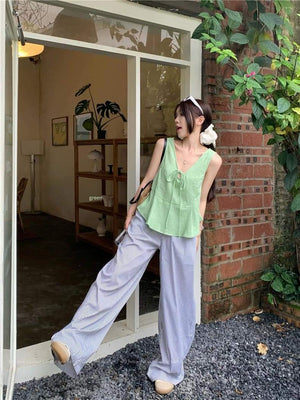 SET 2pcs Sleeveless Green Top and Striped Pants