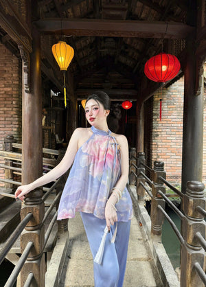 L18 Set Áo Cổ Yếm Quần Lụa