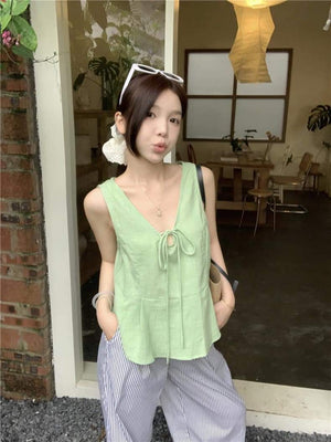 SET 2pcs Sleeveless Green Top and Striped Pants