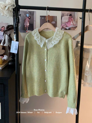 Lace Neckline Cardigan Sweater