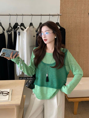 Green Lace 2 in 1 Long Sleeves Top