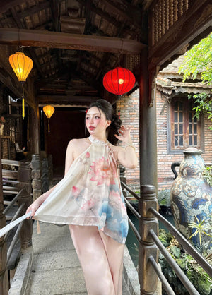 L20 Set Áo Cổ Yếm Quần Lụa