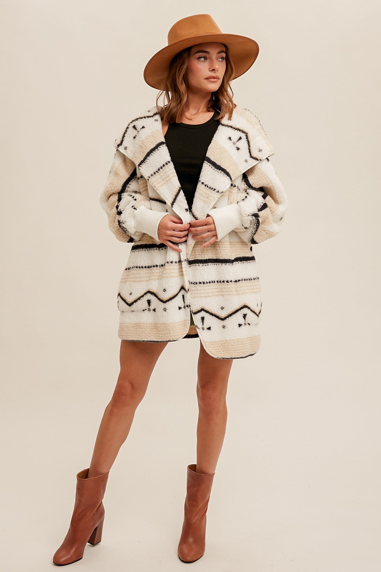 Bohemian Geo Stripe Print Sherpa Hoodie Cardigan