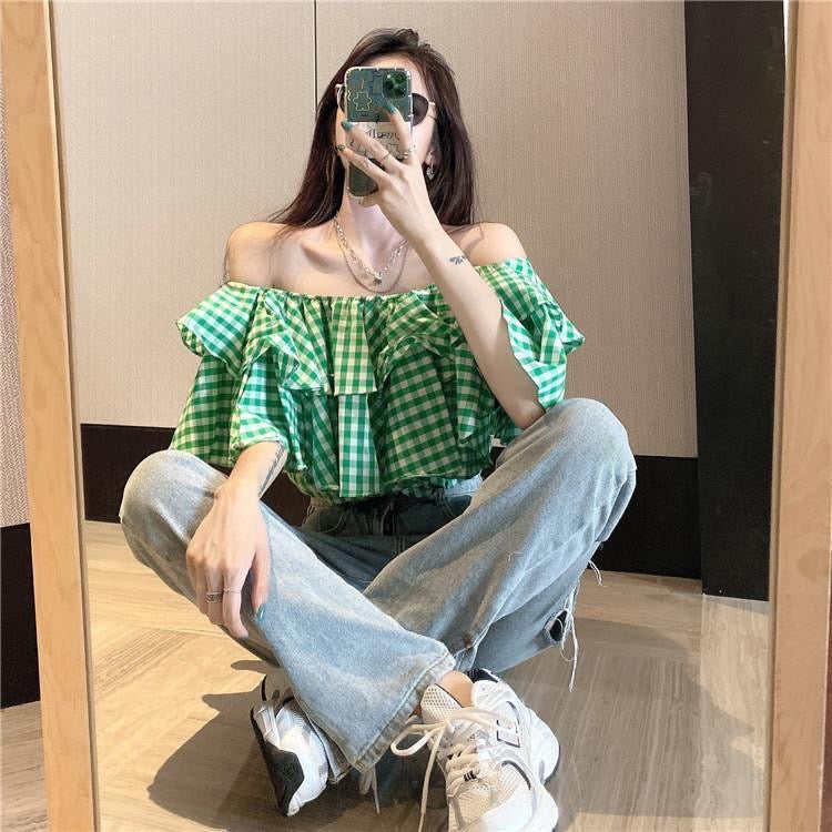 Green Checked Crop Top