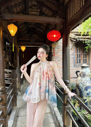 L20 Set Áo Cổ Yếm Quần Lụa