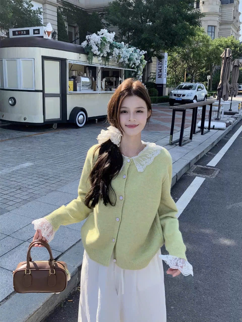 Lace Neckline Cardigan Sweater