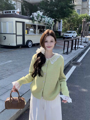 Lace Neckline Cardigan Sweater