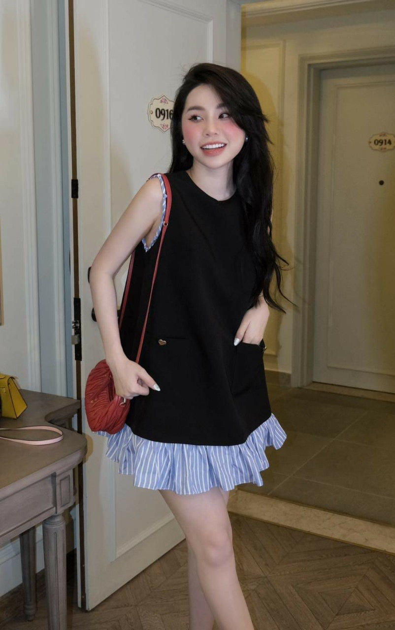 Sleeveless Mini Dress with Blue Hem
