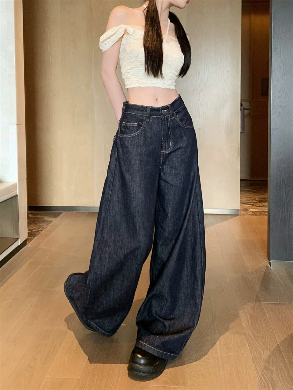 High Waisted Wide Leg Straight Jeans