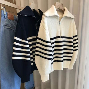 Black Polo Striped Knit Sweater with Zipper