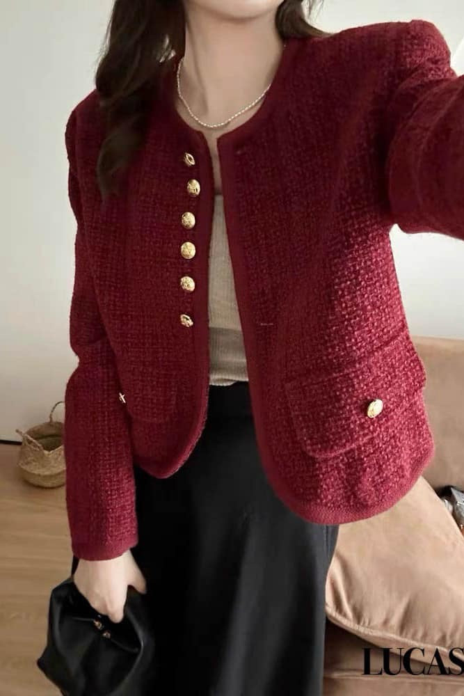 Premium Tweed Jacket with Golden Buttons in Dark Red