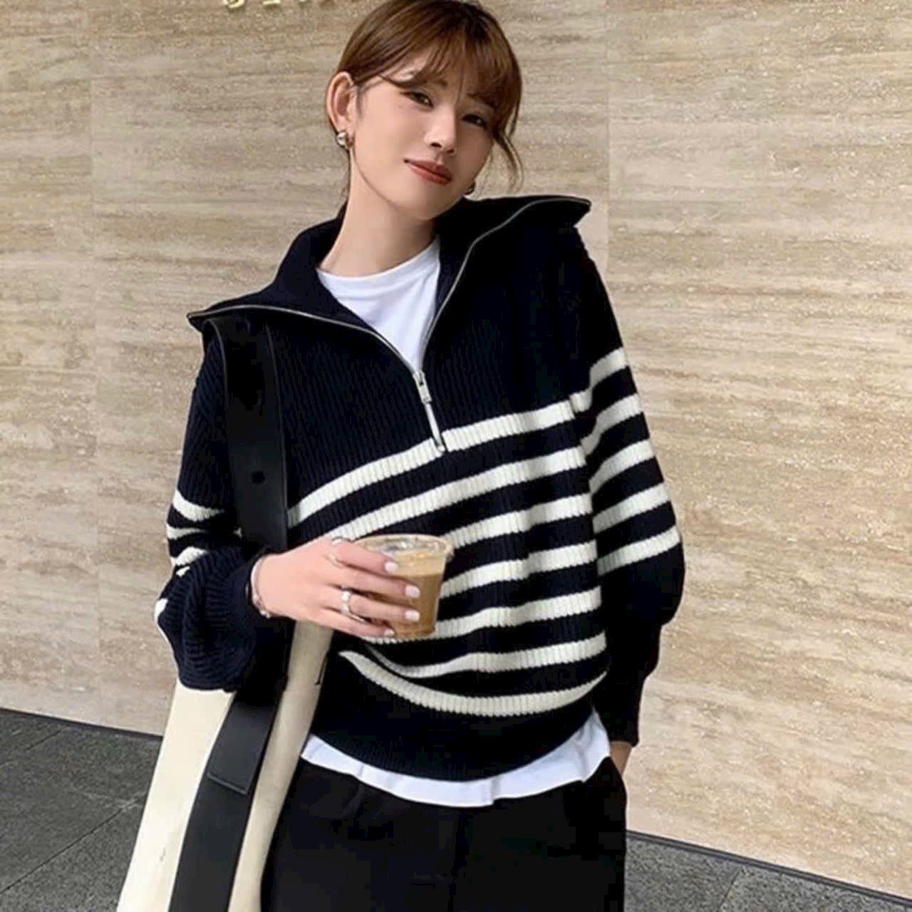 Black Polo Striped Knit Sweater with Zipper