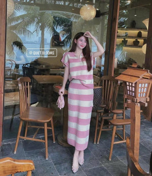 Set 2pc PINK Striped Short Sleeves Top with Half Zipper and Midi Skirt