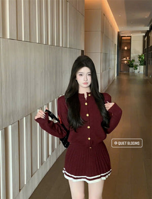 Set 2pc Burgundy Knit Cardigan Top and Skirts