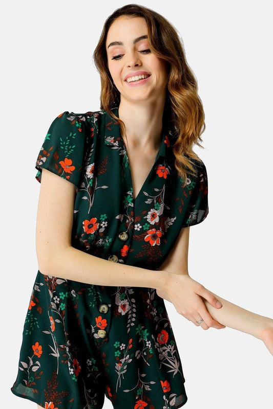 Short Sleeved Black Flowers Romper