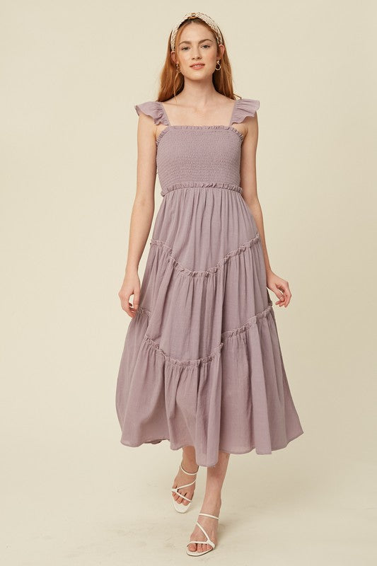 Lavender Poplin Smocked Midi Dress