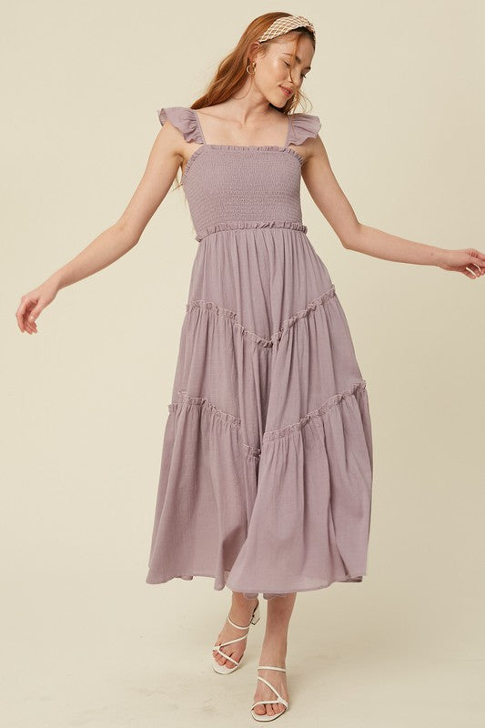 Lavender Poplin Smocked Midi Dress